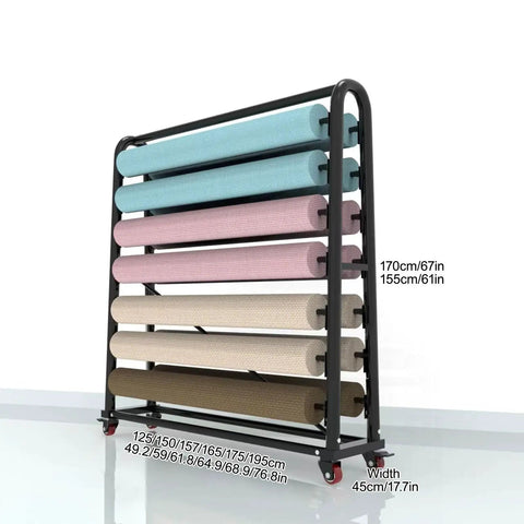 Heavy Duty Fabric Roll Storage Rack With Adjustable Hanging Rod And Movable Steel Organizer For Coils Wraps Craft Supplies in a workshop setup.