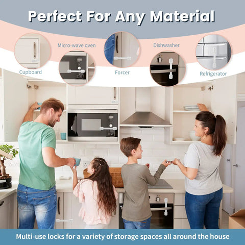 Family in kitchen showcasing Kid Safe Safety Strap Locks For Fridge Cabinets Drawers Dishwasher and Toilet, 6 pack in use.
