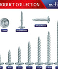 Size 8 Wood Screw with One Half Inch Carbon Steel Self Tapping Truss Head Fasteners, Standard Thread, collection of various lengths