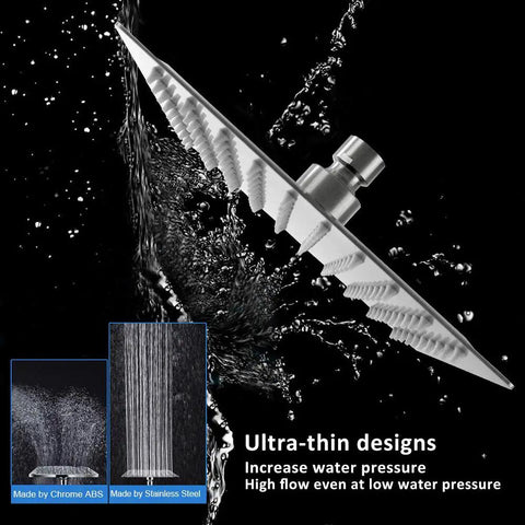Side view of Square Rain Shower Head with 8 Inch Stainless Steel High Flow and Brushed Nickel Finish, showing water spray design