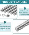 Beefed Up Heavy Duty Double Ended Stud Screws Kit M4x60mm 304 Stainless Steel Dual Threaded Rod Bolts With Nuts Flat Washers And Lock Washers For Home Maintenance And DIY Projects, studs and washers close up
