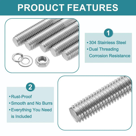Beefed Up Heavy Duty Double Ended Stud Screws Kit M4x60mm 304 Stainless Steel Dual Threaded Rod Bolts With Nuts Flat Washers And Lock Washers For Home Maintenance And DIY Projects, studs and washers close up