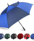 Heavy Duty Golf Umbrella With Windproof Vented Double Canopy And Swift Auto Open in blue and black color options, open for outdoor use.