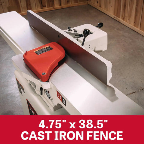 Beefy 8-Inch Jointer With Straight Knives, 2 HP 230V Single-Phase, Heavy-Duty One-Piece Stand, Center-Mounted Fence Levers, 16,500+ Cuts Per Minute, Rabbeting Ledge, Model JWJ-8CS shown with cast iron fence.