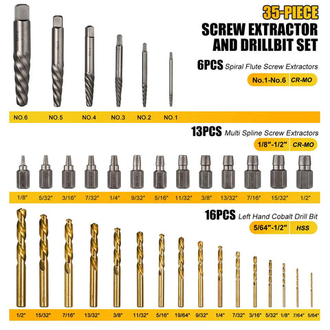 35 Piece Screw Extractor Set With Left Hand Drill Bits and Multi Spline Extractors for Removing Broken Bolts and Stripped Screws