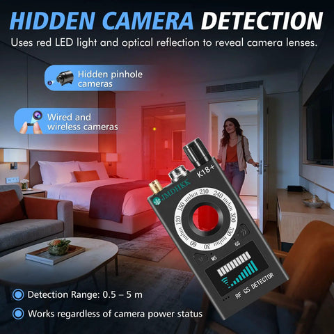 Hidden Camera Detector Pro For Travel And Home Spy Camera Finder displayed in a living room setting with detection features highlighted.