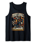 Badass Retro Raccoon Plumber Night Shift Leak Patrol Sleeveless Tank Top For Pipe Fitters And Maintenance Pros Dope Graphic Apparel Ultra Comfy Classic Fit featuring a raccoon holding tools.