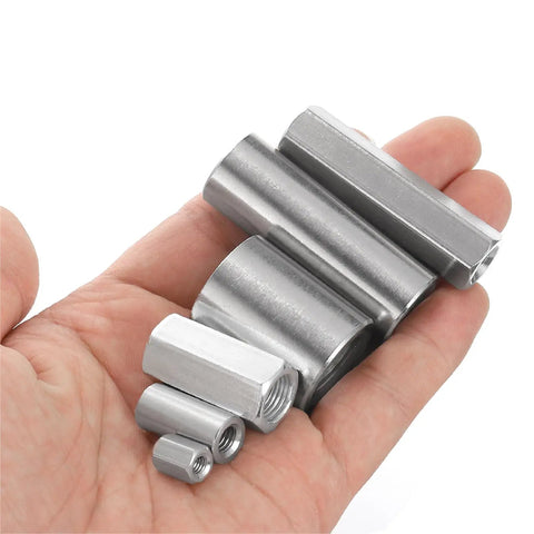 M5x0.8 Round Coupling Nuts 20mm Long Five Pieces 304 Stainless Steel Fasteners For Industrial Construction Rod Bar Connectors Built To Last Beefy Tough As Nails Silver Finish, assorted sizes in hand
