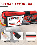 3S Lipo Battery 11.1V 7200mAh 150C Beefy High Discharge RC Battery Pack with TR Plug and hard case, cables visible.