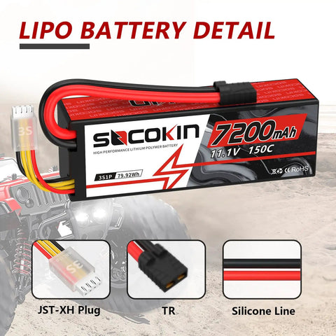 3S Lipo Battery 11.1V 7200mAh 150C Beefy High Discharge RC Battery Pack with TR Plug and hard case, cables visible.