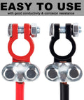Color Coded Quick Release Battery Terminals Set With Top Post Connectors And Anti Corrosion Felt Washers For Cars Trucks Boats RVs Campers And More One Pair Durable Lead Construction For Superior Conductivity And Easy Cable Fixing And DIY Ready, showing front view of red and black connectors.