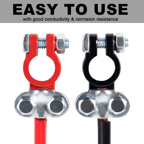 Color Coded Quick Release Battery Terminals Set With Top Post Connectors And Anti Corrosion Felt Washers For Cars Trucks Boats RVs Campers And More One Pair Durable Lead Construction For Superior Conductivity And Easy Cable Fixing And DIY Ready, showing front view of red and black connectors.