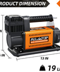Heavy Duty 12V Portable Air Compressor With Digital Pressure Gauge Tire Inflator Kit, 13 in long, 9 in high, 19 lbs, rugged design.