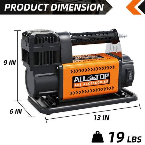 Heavy Duty 12V Portable Air Compressor With Digital Pressure Gauge Tire Inflator Kit, 13 in long, 9 in high, 19 lbs, rugged design.