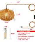 Plug In Pendant Light With Hand Woven Rattan Shade And Nifty Dimmer Switch Chill Boho Ceiling Lamp For Bedroom Or Living Room Includes Bulb Plus 15 Foot Hemp Rope Cord Vintage Paper Weave, 11 inch woven shade with 15 ft cord.
