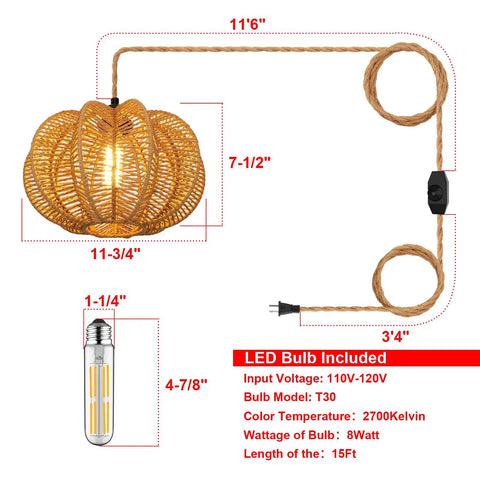 Plug In Pendant Light With Hand Woven Rattan Shade And Nifty Dimmer Switch Chill Boho Ceiling Lamp For Bedroom Or Living Room Includes Bulb Plus 15 Foot Hemp Rope Cord Vintage Paper Weave, 11 inch woven shade with 15 ft cord.