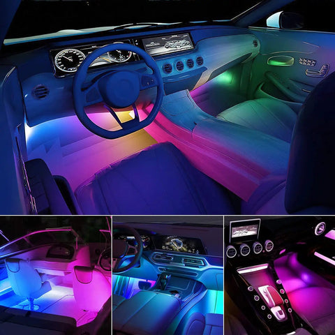 Lit Dream Color RGB-IC USB Interior LED Light Strips 12V DC Multicolor Footwell Under-Dash Kit With App Control And RF Remote Chasing Lights Music Sync Two-Line Setup For Cars Trucks ATVs UTVs illuminating car interior with vibrant colors.