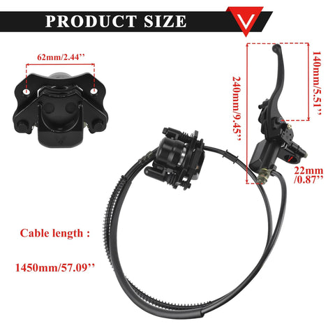 Front view: Black front hydraulic brake kit with lever and master cylinder for 50–125cc ATVs; includes extra pads
