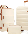 UKEIN 3-piece cream polycarbonate luggage set: carry-on suitcase with spinner wheels, backpack, and pouch.