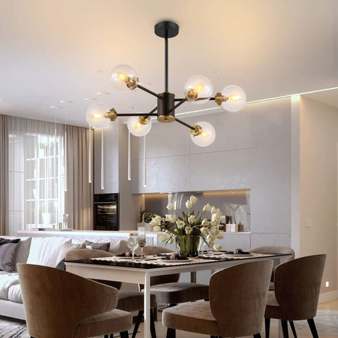 Six Light Sputnik Chandelier Pendant Light With 4.7 Inch Glass Globe Shades in modern kitchen and dining room setting