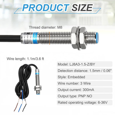 Inductive Proximity Sensor PNP NO M8 DC 6 To 36V 300mA 1.5mm Sensing Range 3 Wire For Industrial Automation