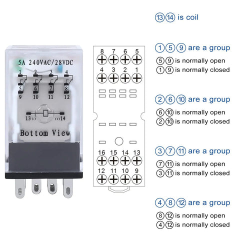 12V DC Relay Built Tough With Socket Base And LED Indicator, 14 Pin, 5 Amp, 4PDT 4NO 4NC, DIN Rail Ready Industrial Control Relay diagram