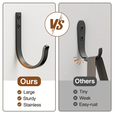 Comparison of Wall Hooks 5 Pack 22 Lb Screw In Metal Hangers For Towel And Coat Storage showing durability and rust resistance differences.