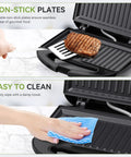 OSTBA 2 Slice Sandwich Maker Grill With Powerful 750W Non Stick Plates For Fast Even Toasting Crispy Wraps And Easy Clean Up Compact Kitchen Appliance shown with steak and cleaning process.