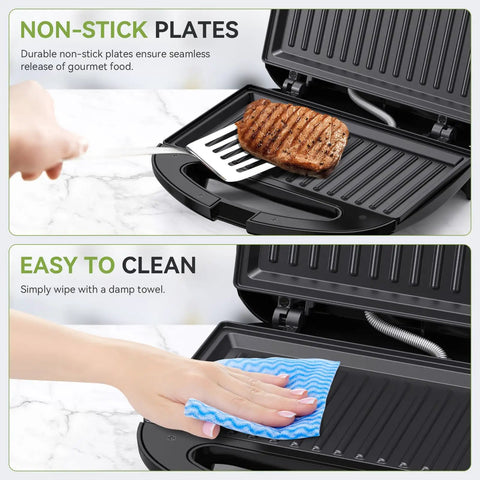 OSTBA 2 Slice Sandwich Maker Grill With Powerful 750W Non Stick Plates For Fast Even Toasting Crispy Wraps And Easy Clean Up Compact Kitchen Appliance shown with steak and cleaning process.