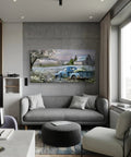 Farmhouse Canvas Wall Art Blue Vintage Pickup Truck With Blooms Over Rustic Barn Scene in living room 58x28 inches