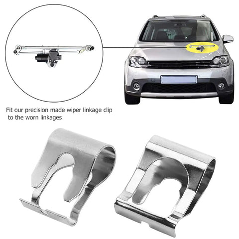 Top Quality 6 Piece Windscreen Wiper Fixing Clips In Manganese Silver For Quick Car Repair And Linkage Clamp Fixes On Most Common Vehicles To Get You Back On The Road In A Jiffy. silver wiper linkage clips for car repair, shown with close-up clip detail