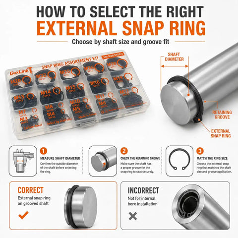 555-Piece External Snap Ring Kit With 19 Metric Sizes M3 Through M28 For Grooved Shafts explained with parts and installation steps