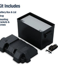Rock Solid Battery Storage Box With Heavy Duty Mounting Strap Built Tough As Nails For Marine And RV Use Fits Group 27 Batteries Inside Acid Resistant Polypropylene Shell Black kit includes battery box, lid, strap, and screws.