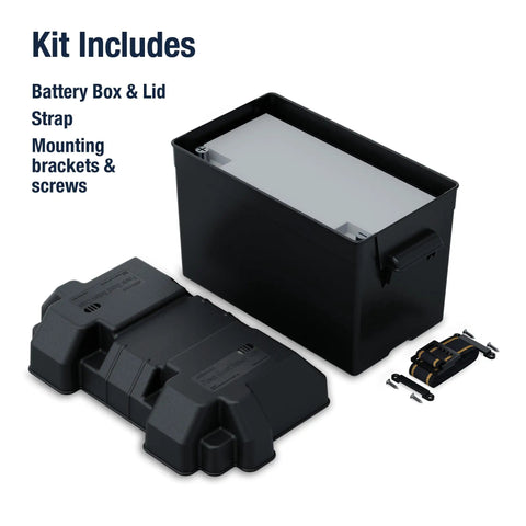 Rock Solid Battery Storage Box With Heavy Duty Mounting Strap Built Tough As Nails For Marine And RV Use Fits Group 27 Batteries Inside Acid Resistant Polypropylene Shell Black kit includes battery box, lid, strap, and screws.