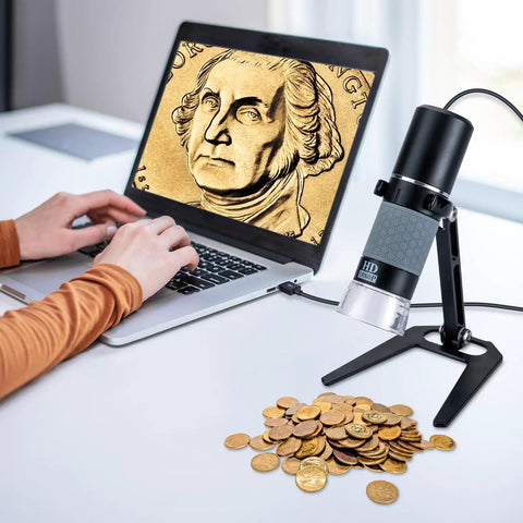 1080P USB Digital Microscope With Metal Stand 50X To 1000X Zoom Handheld Microscope Camera With 8 LED Lights Plug And Play Works With iPhone Android Windows Mac 4 In 1 USB Cable OTG Ready on laptop, inspecting coins