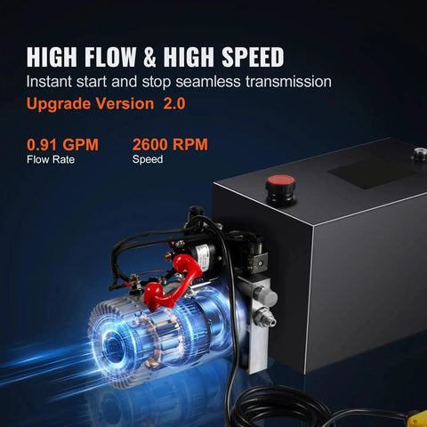 High Performance 12V DC Hydraulic Power Unit 3200 PSI 0.91 GPM Double Acting Pump for dump trailers with high flow features.