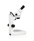 Binocular Zoom Stereo Microscope With 0.7x-4.5x Primary Zoom And 7x-45x Magnification, 10x Widefield Eyepieces, Top And Bottom LED Illumination, Track Stand, Built For DIY Probing, Lab Work, And Classroom Use. White stereo microscope on track stand with black eyepieces and base