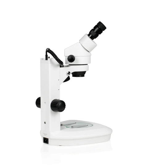 Binocular Zoom Stereo Microscope With 0.7x-4.5x Primary Zoom And 7x-45x Magnification, 10x Widefield Eyepieces, Top And Bottom LED Illumination, Track Stand, Built For DIY Probing, Lab Work, And Classroom Use. White stereo microscope on track stand with black eyepieces and base