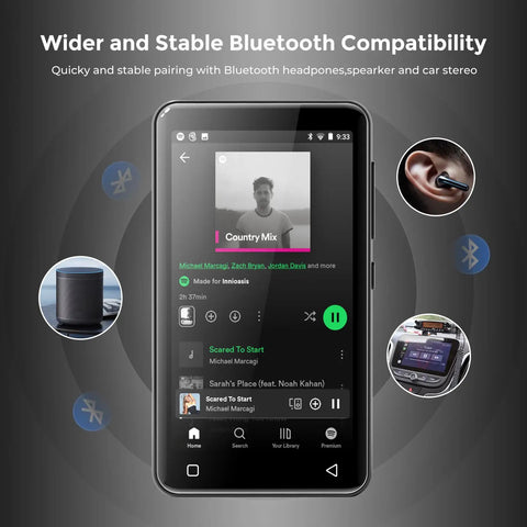4 Inch MP3 Player With Bluetooth And WiFi Supports Spotify Amazon Music Pandora Audible And More display with Bluetooth pairing