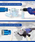 Front view of SALI diamond core drill bit with hex shank adapter and vacuum brazed hole saw for tile, shown with blue angle grinder