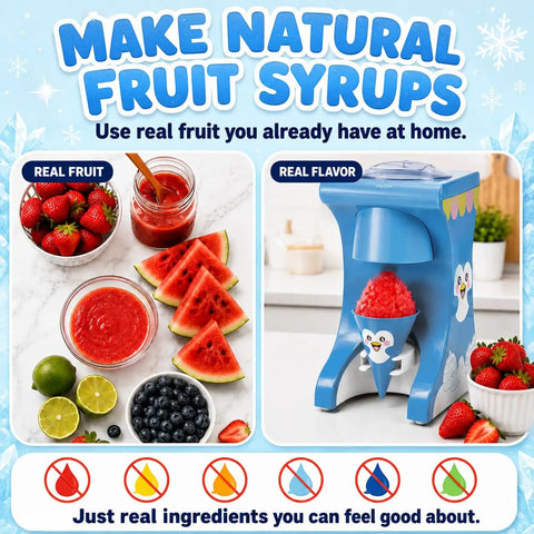 Totally Legit Penguin Shaved Ice Maker For Home And Kids Chills Out Summer Parties By Turning Regular Ice Cubes Into Silky Snow Cones Without Pre Freezing For Easy Weekends, showcasing fresh fruits and prepared syrups.