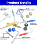 Grab And Go 1332 Piece Drywall Anchors And Screws Kit With 21 Sizes M8 M12 M13 Plastic Expansion Anchors Self Tapping Wood Screws Size 6 To 8 Toggle Wing Bolts J Hooks Eye Hooks Washers Rust Resistant DIY Fasteners. assorted drywall anchors, screws, hooks, and washers