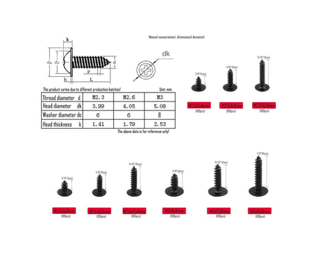 Diagram and sizes for 900 Piece Self Tapping Screw Assortment Kit With M2.3 M2.6 M3 Truss Head Wafer Head And Pan Head Washer Screws.