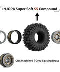 Exploded view of Beefed-Up Beadlock Wheel And Tire Set For Axial SCX24 AX24 TRX4M FCX24, featuring S5 Compound 58x24mm tire and brass components.