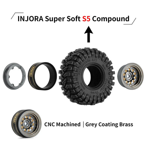 Exploded view of Beefed-Up Beadlock Wheel And Tire Set For Axial SCX24 AX24 TRX4M FCX24, featuring S5 Compound 58x24mm tire and brass components.