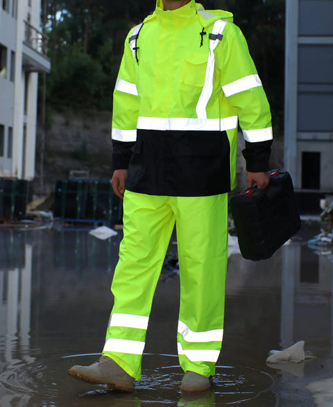 Hi Vis Rain Jacket For Men Waterproof Class 3 High Visibility Rain Gear With Removable Hood And Interior Mesh Liner Black Bottom Durable 100 Percent Polyester Shell For Work Outdoors