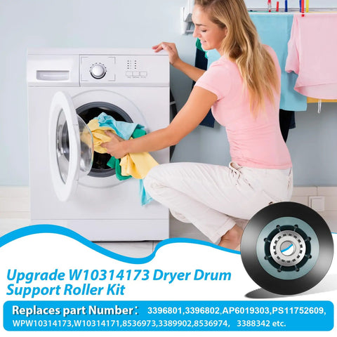 Woman using dryer with Four Piece Dryer Drum Roller Kit Replacement For Maytag Kenmore Whirlpool KitchenAid Dryers W10314171 W10314173