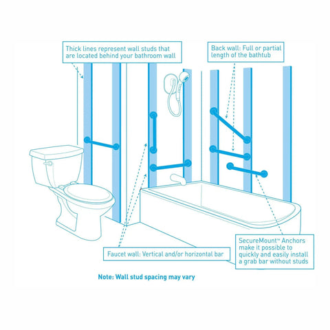 Installation diagram for 36 inch stainless steel chrome bathroom grab bar for safety, ADA compliant, modern design, shower and tub hand rail.