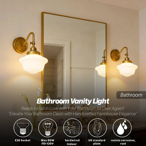 SongCiLT Vintage Sconce Wall Lighting with Milk White Glass Shade mounted above a mirror in a stylish bathroom setting.