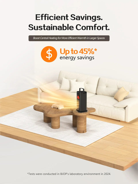 New 1500W Portable Space Heater With Fireplace Flame Effect beside a beige sofa in an elegant living room setup.